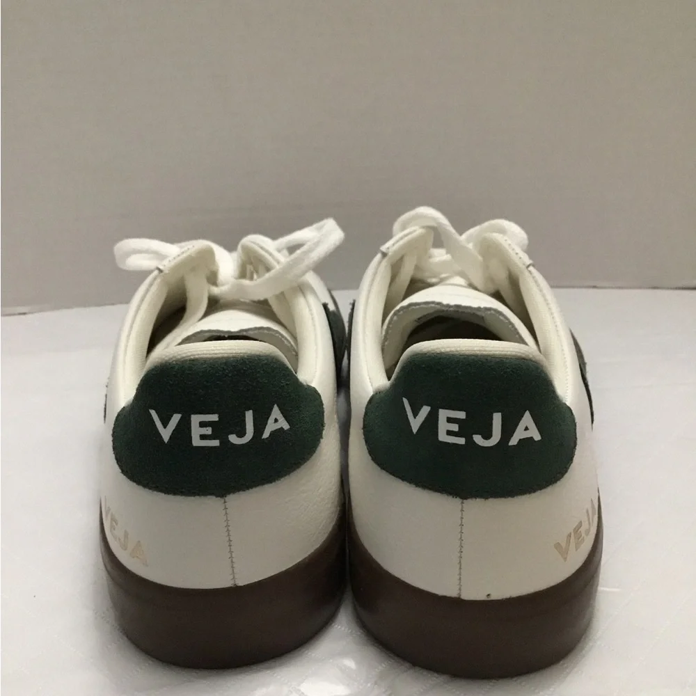 Veja White Sneakers with Green V Logo and Brown Sole